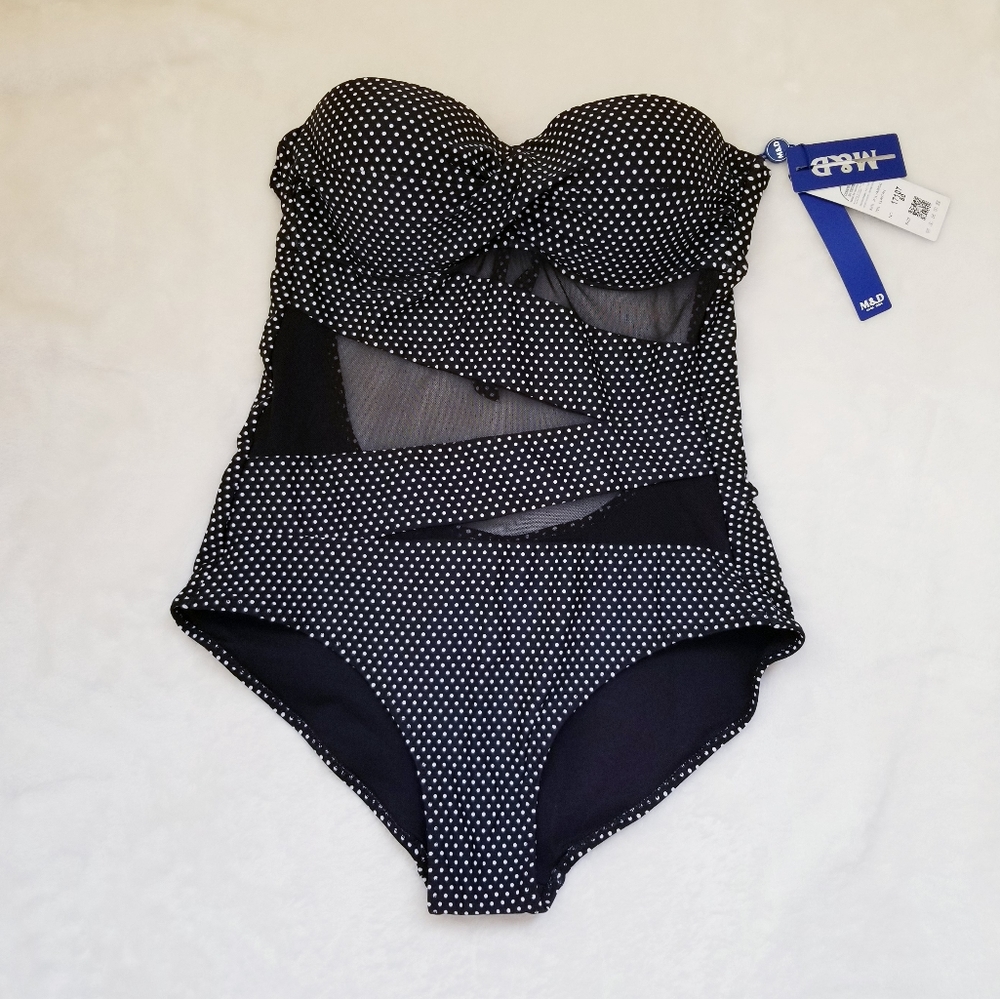 NWOT M&D Strapless Sheer Polka dots Swimsuit